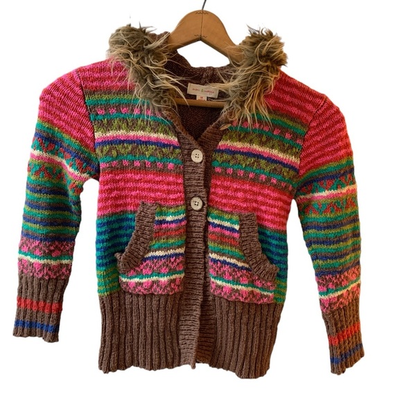 Mimi & Maggie Other - Mimi & Maggie Girls Cotton Hooded Colorful Cardigan Faux Fur Long Line Kids M